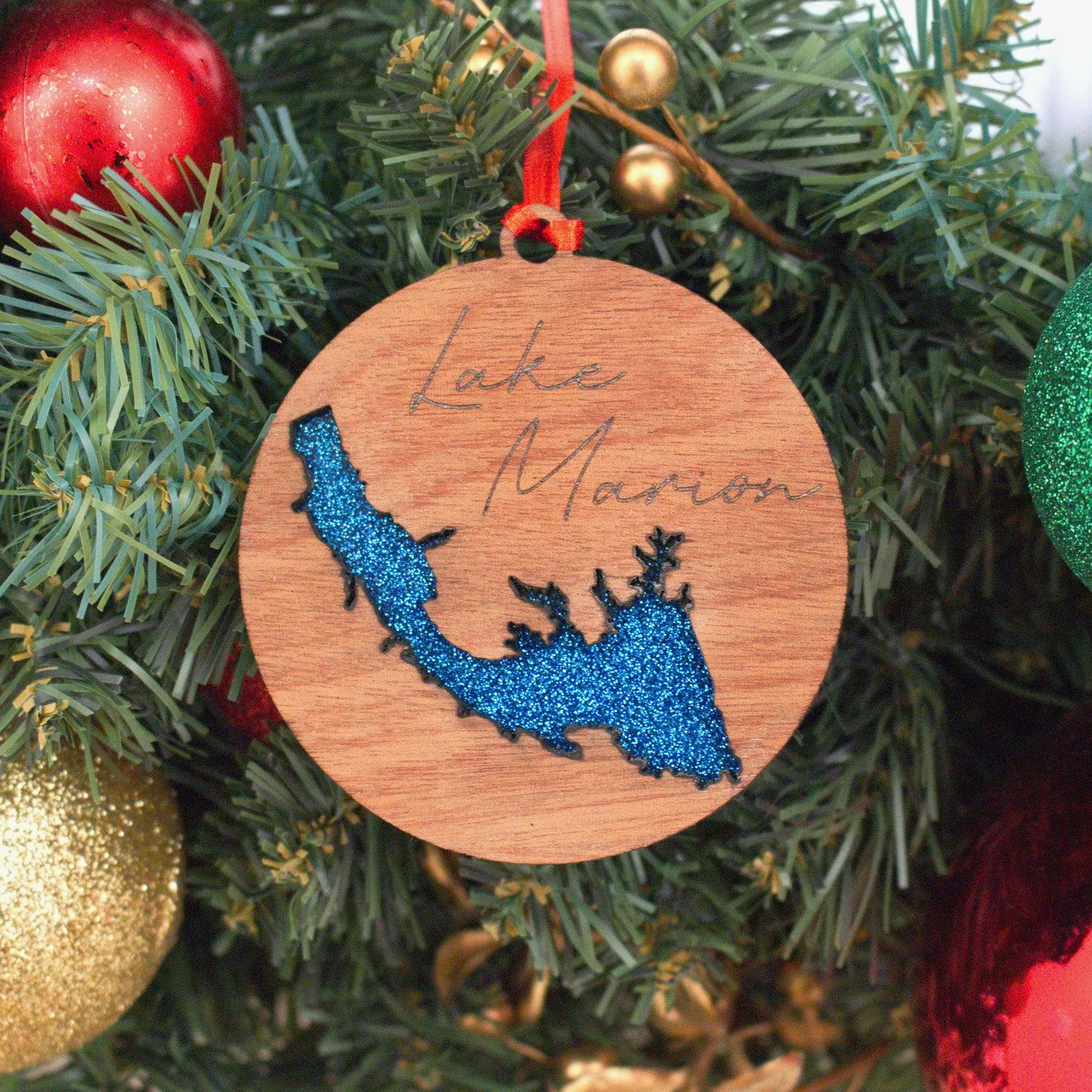 Glitter Acrylic and Wood Christmas Ornament Lake (South Carolina) - Matt Granger Designs