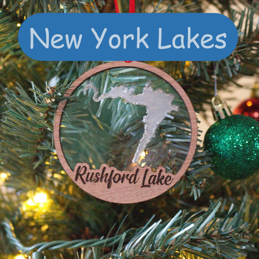 Clear Acrylic and Wood Christmas Ornament Lake (New York) - Matt Granger Designs