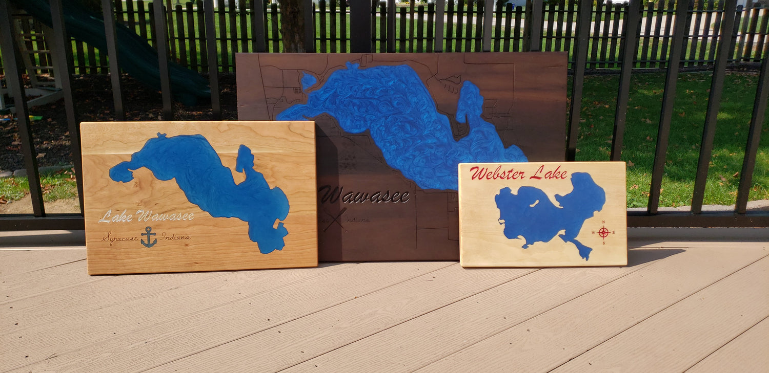Matt Granger Designs, Epoxy Lake Map, Lake Wawasee, Webster Lake, Custom, Wood, Epoxy, Gifts