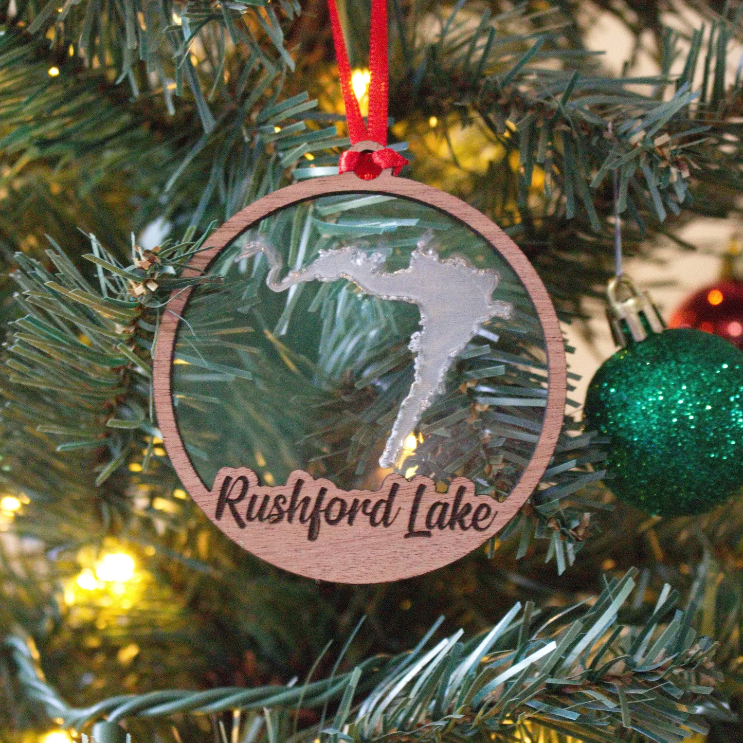 Clear Acrylic and Wood Christmas Ornament Lake (New York) - Matt Granger Designs