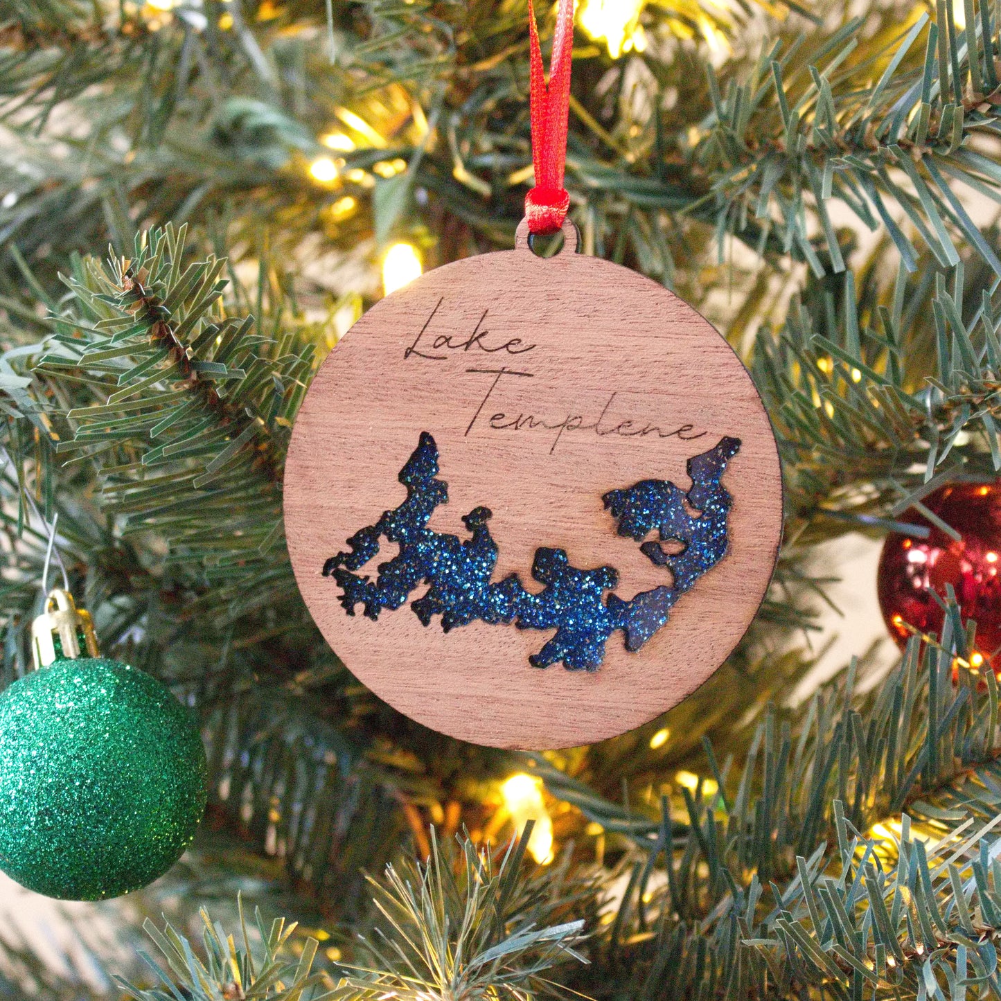 Lake Templene Acrylic and Wood Christmas Ornament. Great for a personalized and custom gift for grandparents, parents, or children.