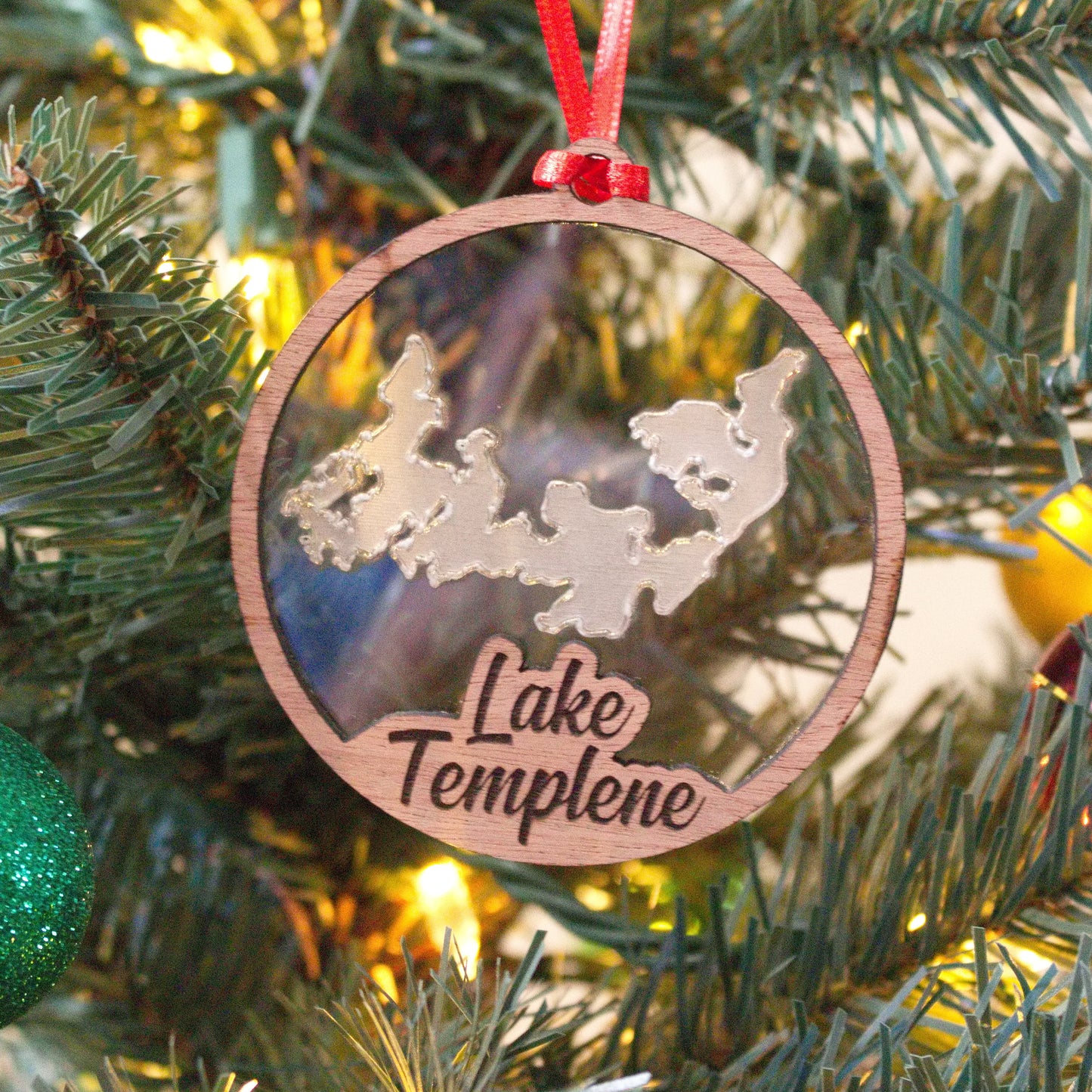 Lake Templene Acrylic and Wood Christmas Ornament.  Great for a personalized and custom gift for grandparents, parents, or children.    