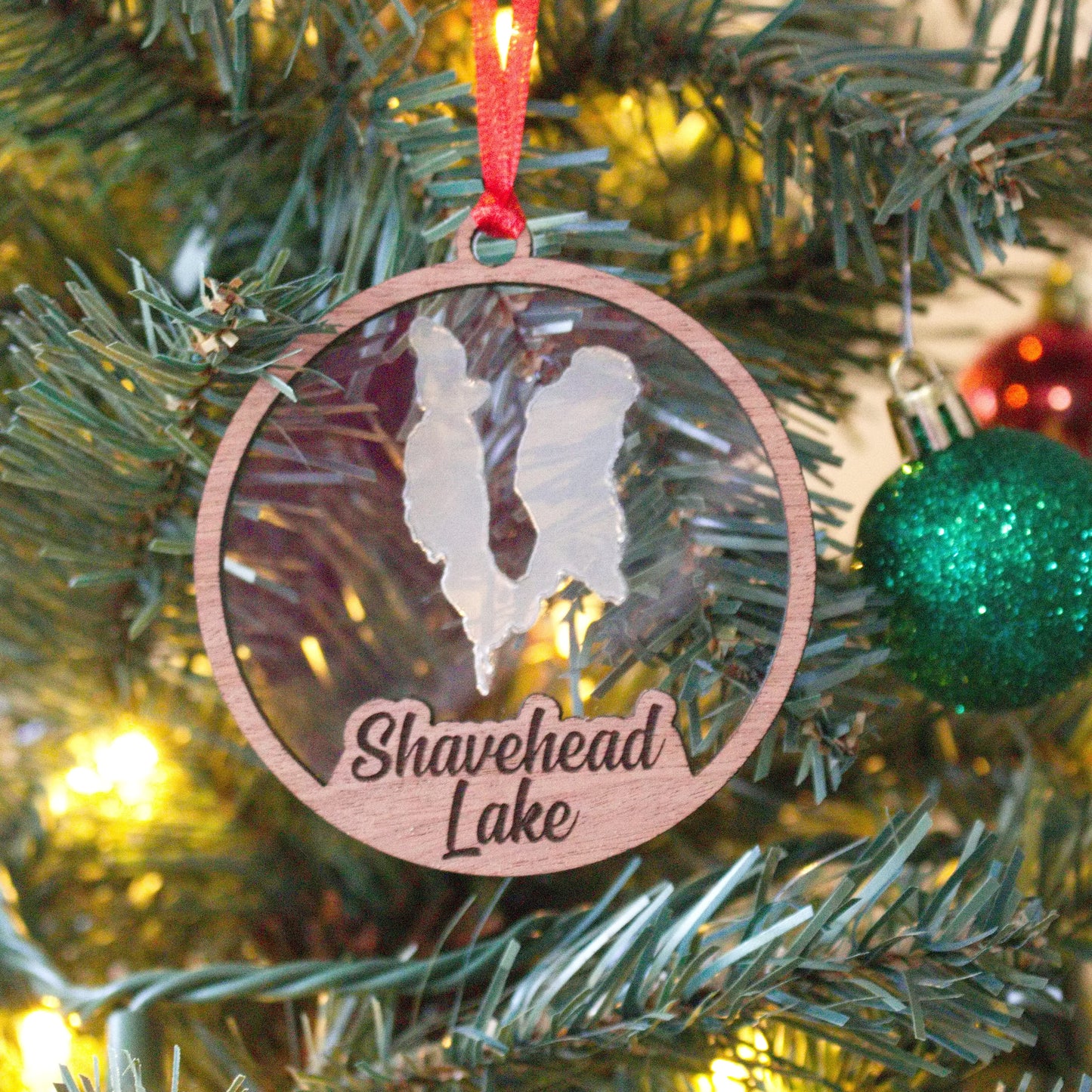 Shavehead Lake Acrylic and Wood Christmas Ornament.  Great for a personalized and custom gift for grandparents, parents, or children.    