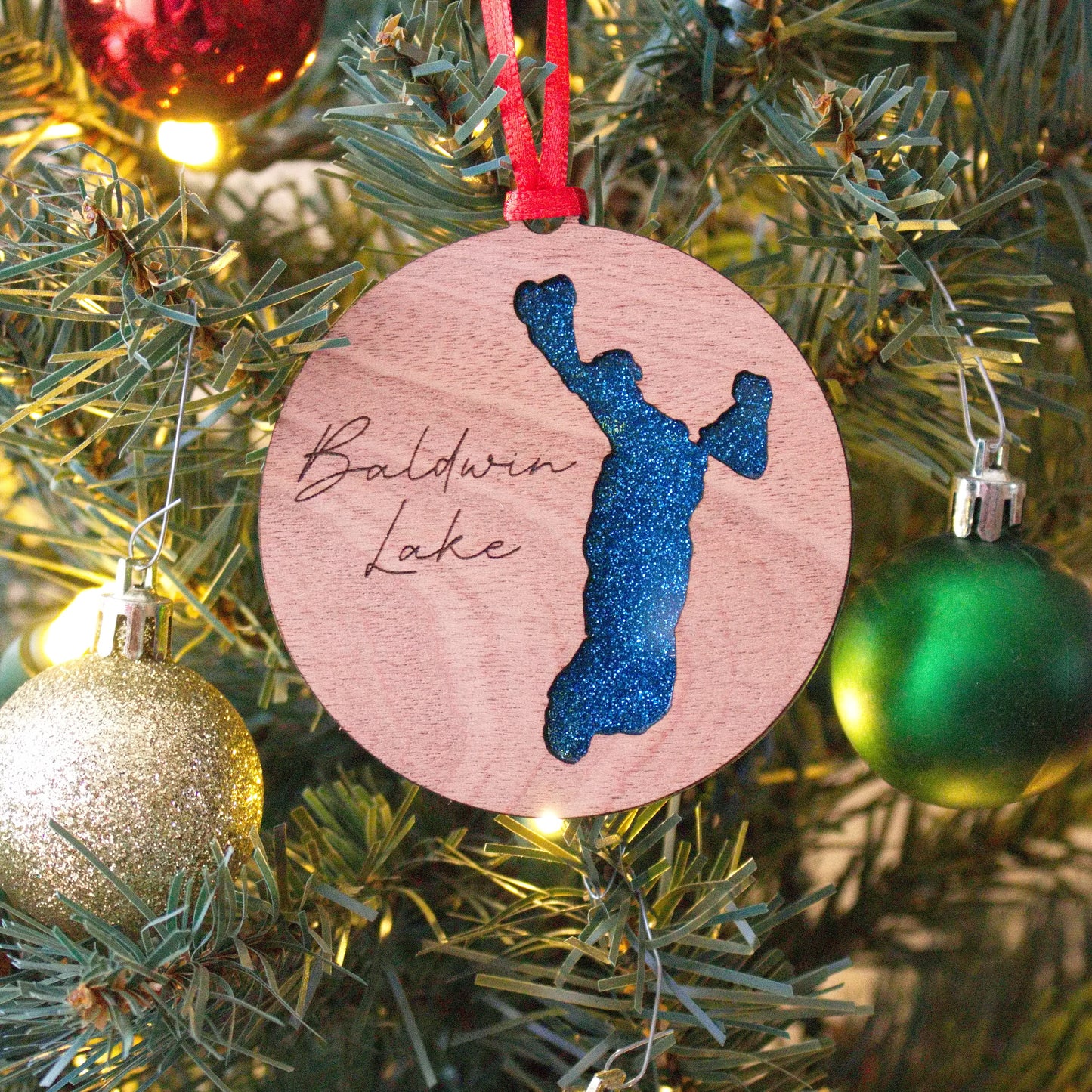 Glitter Acrylic and Wood Christmas Ornament Lake (Michigan)