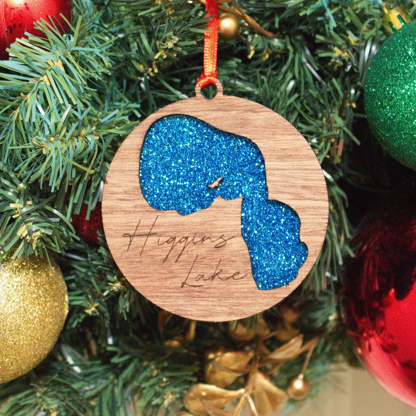 Glitter Acrylic and Wood Christmas Ornament Lake (Michigan)