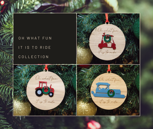 Oh What Fun Christmas Ornament with options for a pontoon, golf cart or tractor with a wreath hanging on each