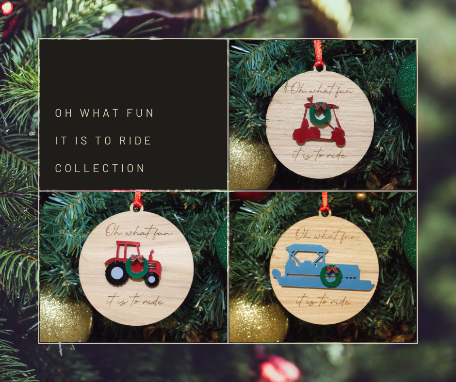 Oh What Fun It Is To Ride Christmas Ornaments - Pontoon, Golf Cart and Tractor - Matt Granger Designs